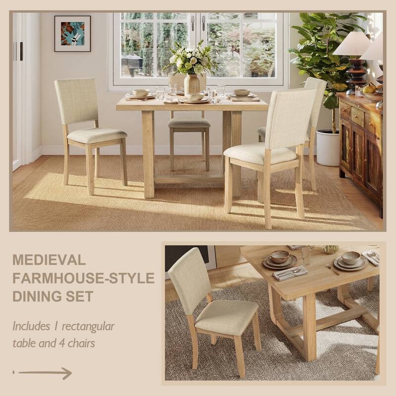 Rossetta 5-Piece Wood Transitional Farmhouse Style Dining Table Set with U-Shaped Trestle Base Table, 4 Upholstered Side Chairs