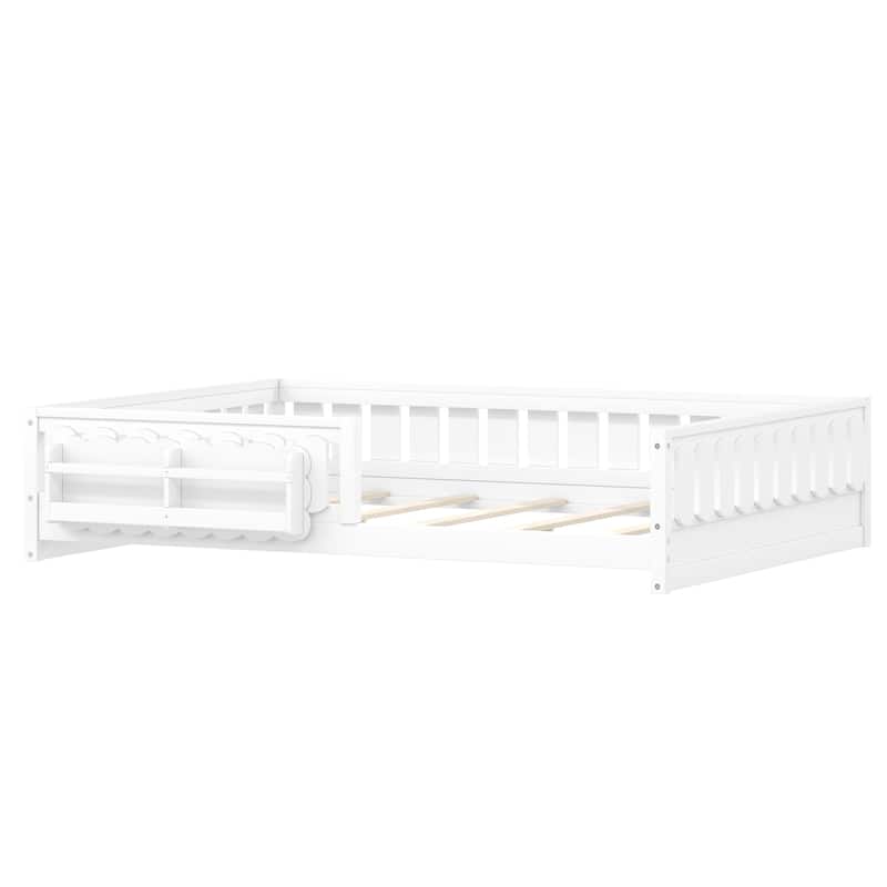 Kid Wood Platform Storage Bed Montessori Toddler Floor Bed Children Daybed with Guardrail and Side Creativity Storage Shelves