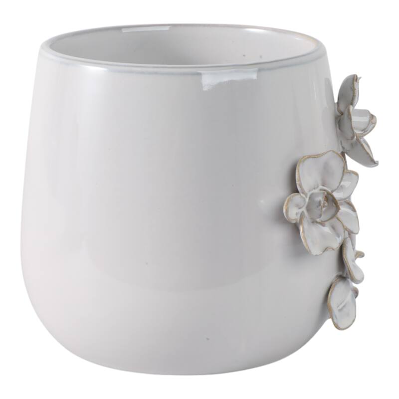 Decorative Ceramic Flower Planter with Flower Applique - Ivory