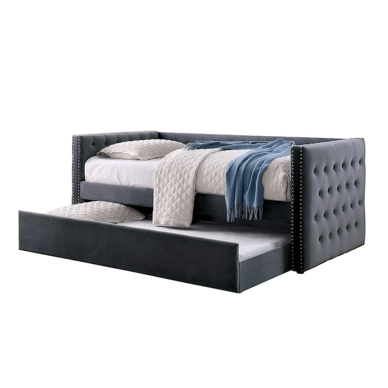 Gray Tufted Upholstered Daybed with Trundle, Nailhead Trim, Slat Kit Included