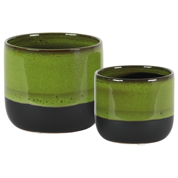 Round Stoneware Pot With Tapered Bottom, Set Of 2, Green And Black