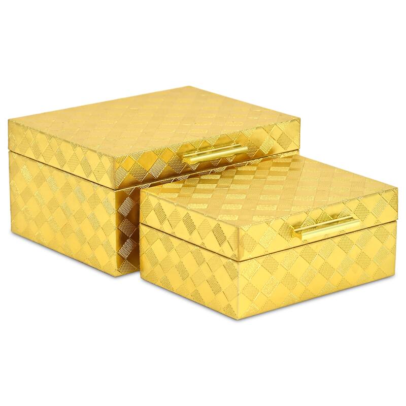 Zuleika Set of 2 Rectangular Decorative Storage Boxes - Gold Checkered Diamond Pattern - N/A
