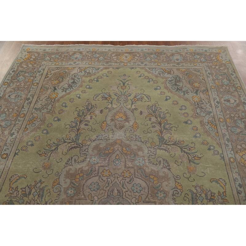 Green Distressed Tabriz Persian Antique Area Rug Handmade Wool Carpet - 6'6" x 9'8"