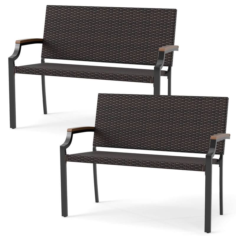 Costway 1/2 PCS Patio Wicker Loveseat Chair with Acacia Wood Armrests - 2 PCS