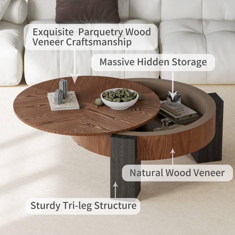 33" Round Coffee Table with Hidden Storage, Parquet Veneer Top Table, 3 Block Legs Sturdy Center Accent Table for Living Room