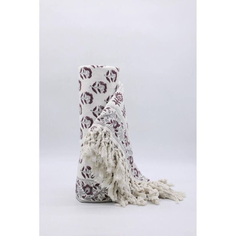 Fabdivine Rohini Handwoven Cotton Blanket- Stylish Block Print Throw for Home Decor & Bed Cover with Handcrafted Fringe, 90"x54"