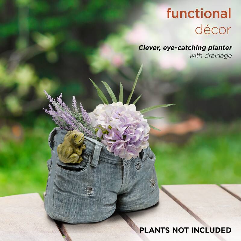 Alpine Corporation 10" Tall Indoor/Outdoor Denim Shorts with Frog Shaped Planter and Yard Decoration - 14"L x 11"W x 10"H