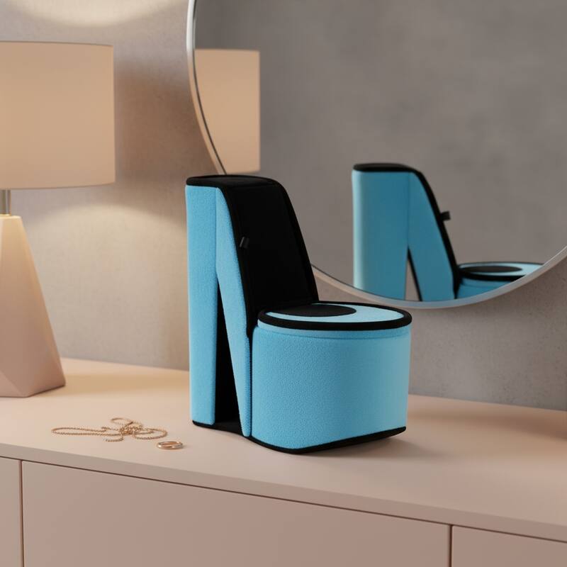 9" Blue And Black Glitter Velvet High Heel Jewelry Box - Turquoise/Black