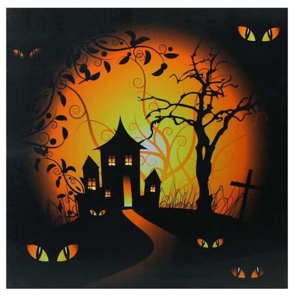 LED Lighted Spooky House Halloween Canvas Wall Art 19.75" x 19.75"