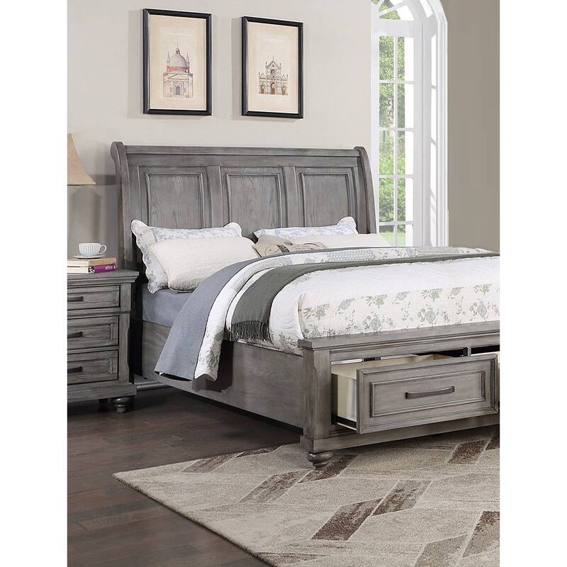 Traditional Style 1pc Bed Set Underbed Drawers Bun Feet Light Gray Finish