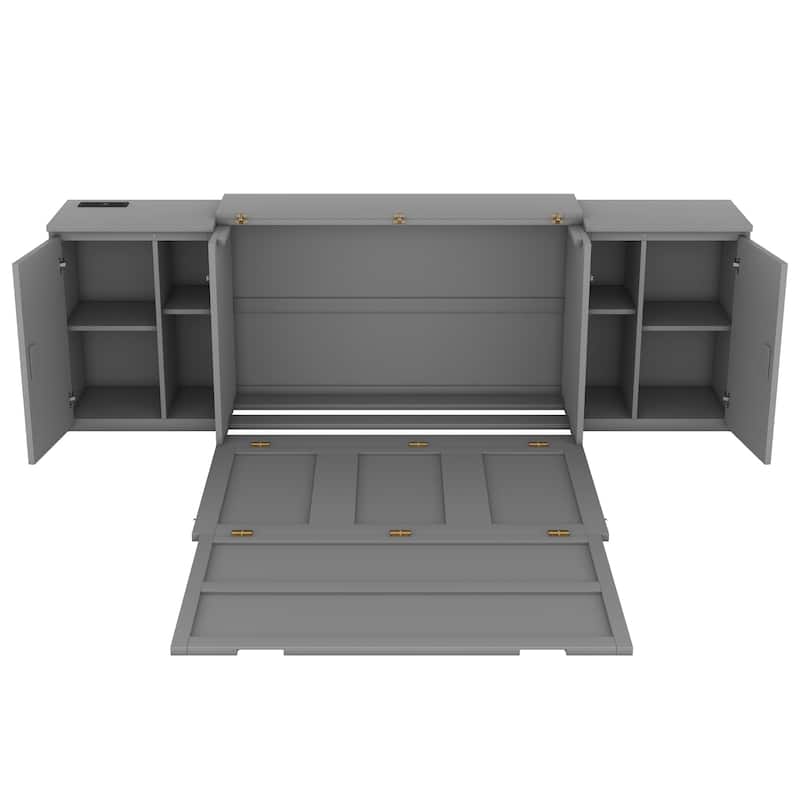 Full Size Murphy Bed with Shelves, Cabinets and USB Ports,Gray - N/A