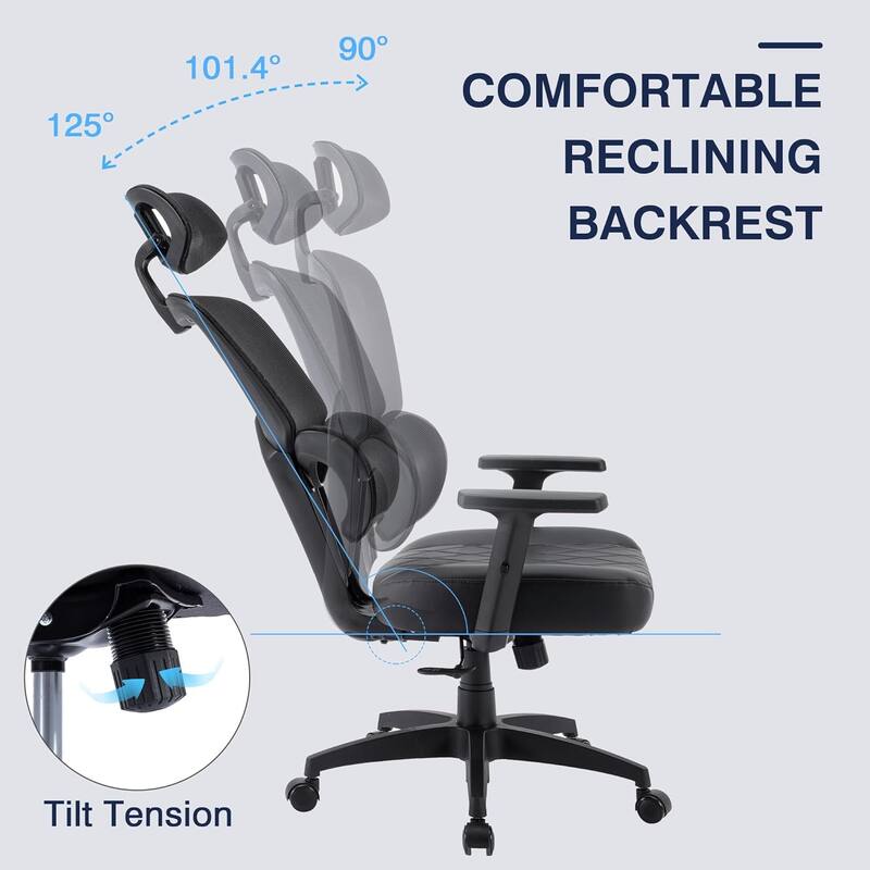VECELO Executive Office Chair with PU Leather Seat Adjustable Height Mesh Backrest & 3D Lumbar Support 125° Reclining