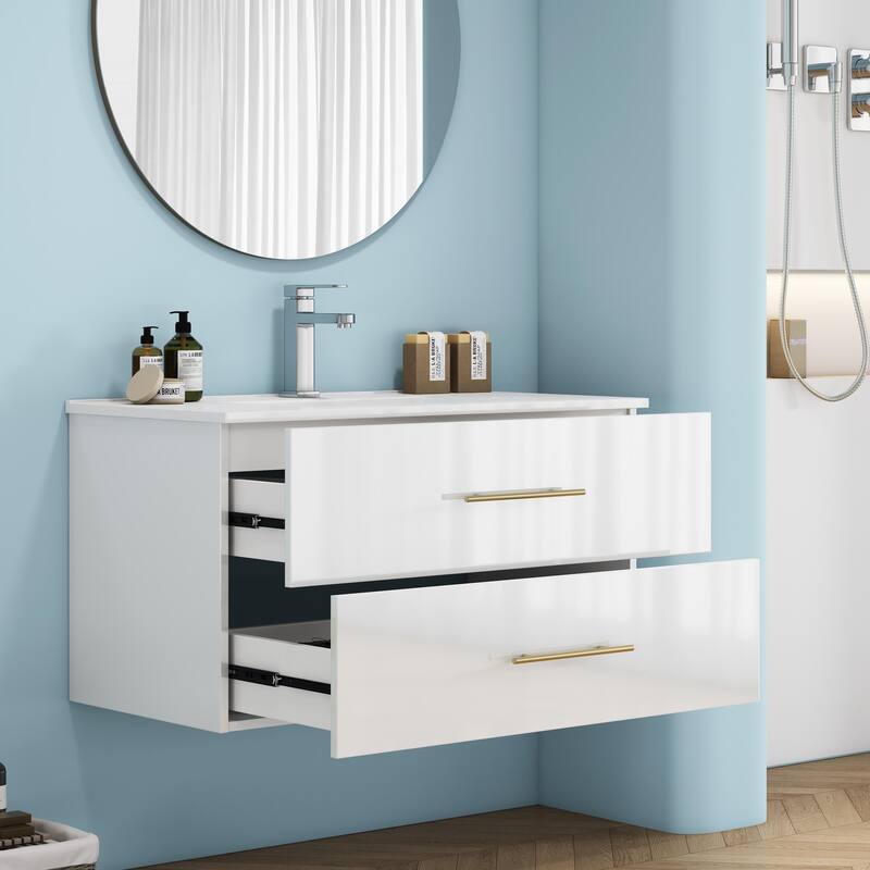 36-Inch Gloss Wall-Mounted Bathroom Vanity with Sink Combo,Double Drawers,Ceramic Sink, Long Gold Metal Handle
