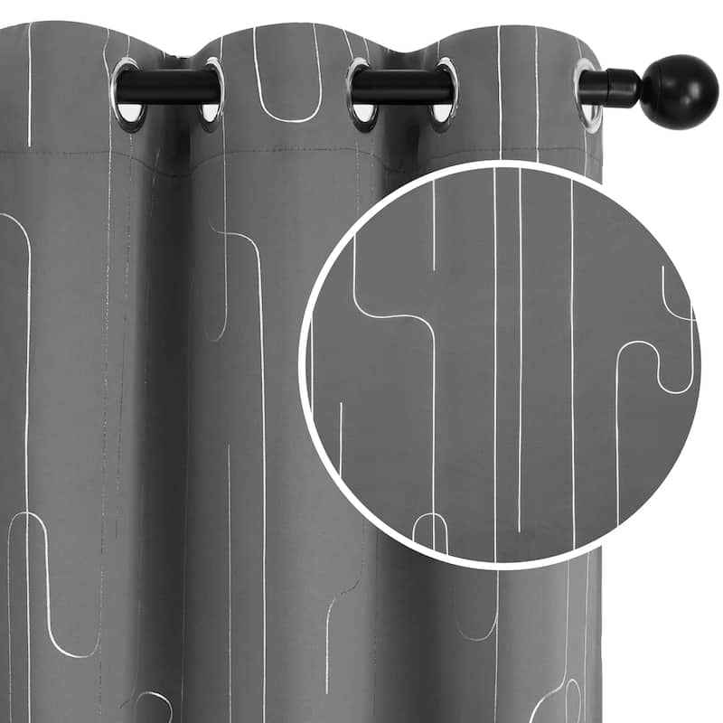 Grommet Curtains, Room Darkening Window Drapes with Lines Foil Print - W42 X L63 - Grey