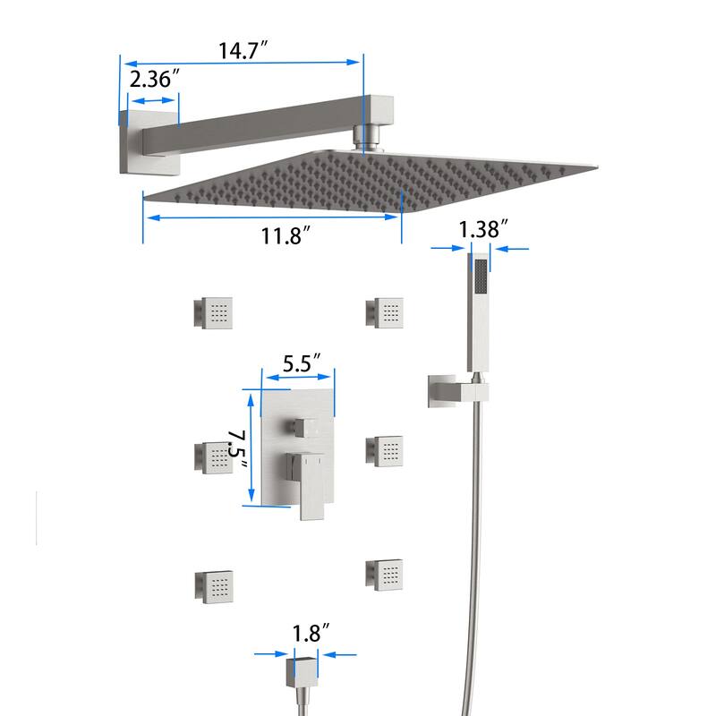 12" Wall Mount Rainfall 3 Way Thermostatic Faucet Shower System with Slide Bar, 6 Jets