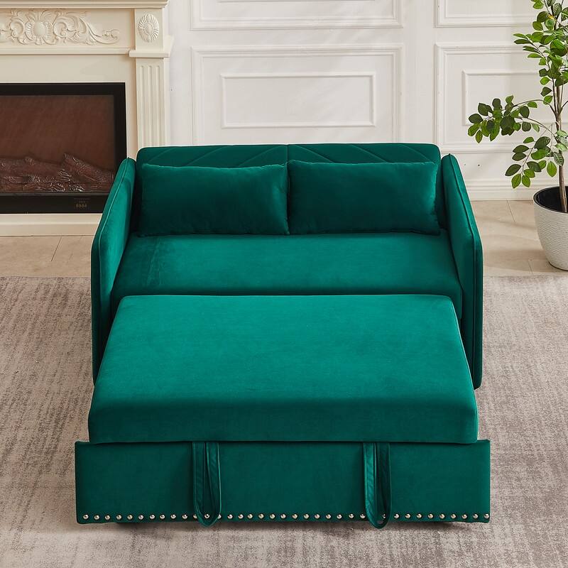 Modern Velvet Upholstered Sleeper Sofa with Pull-out Bed, UPS Ports,2 Lumbar Pillows and Side Pocket