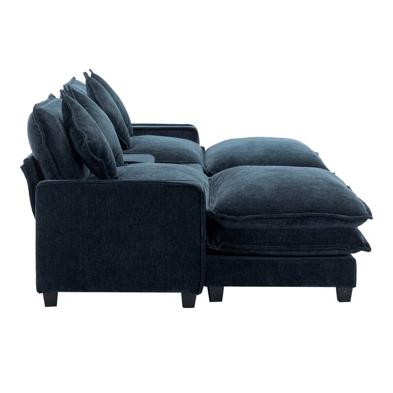 111" Chenille Sectional Sofa Set with USB Ports & Cup Holders, Oversized Chaise Lounge Modular Loveseat with 2 Ottomans