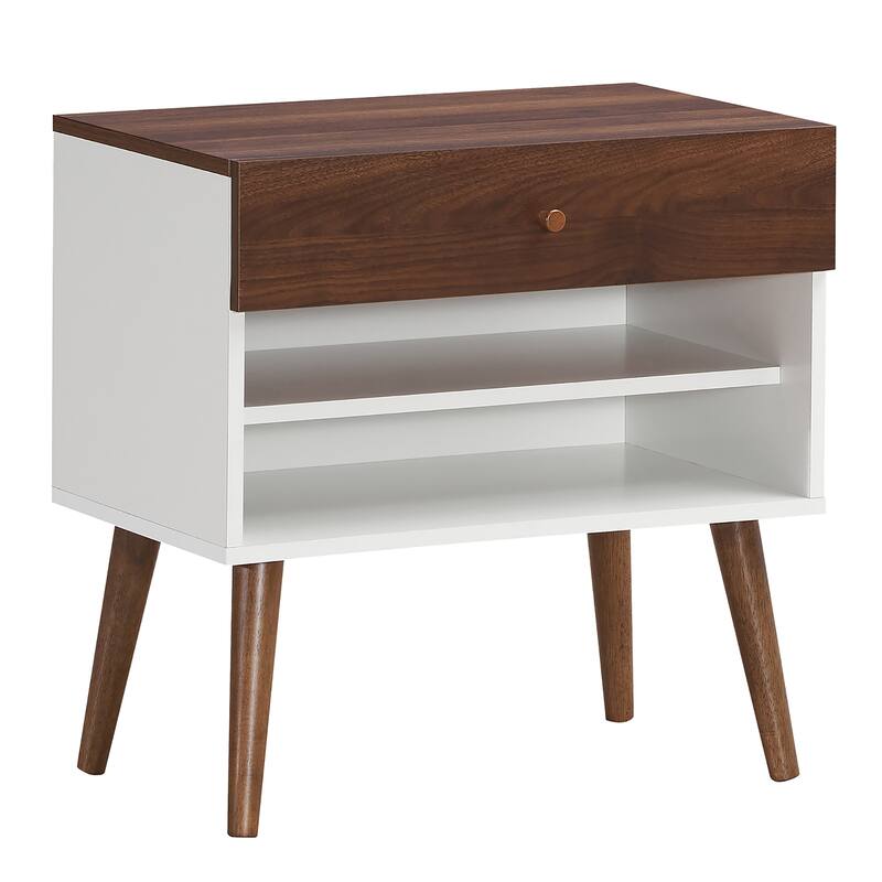 Costway Nightstand End Side Table Drawer Storage Shelf Mid-Century - Walnut/White