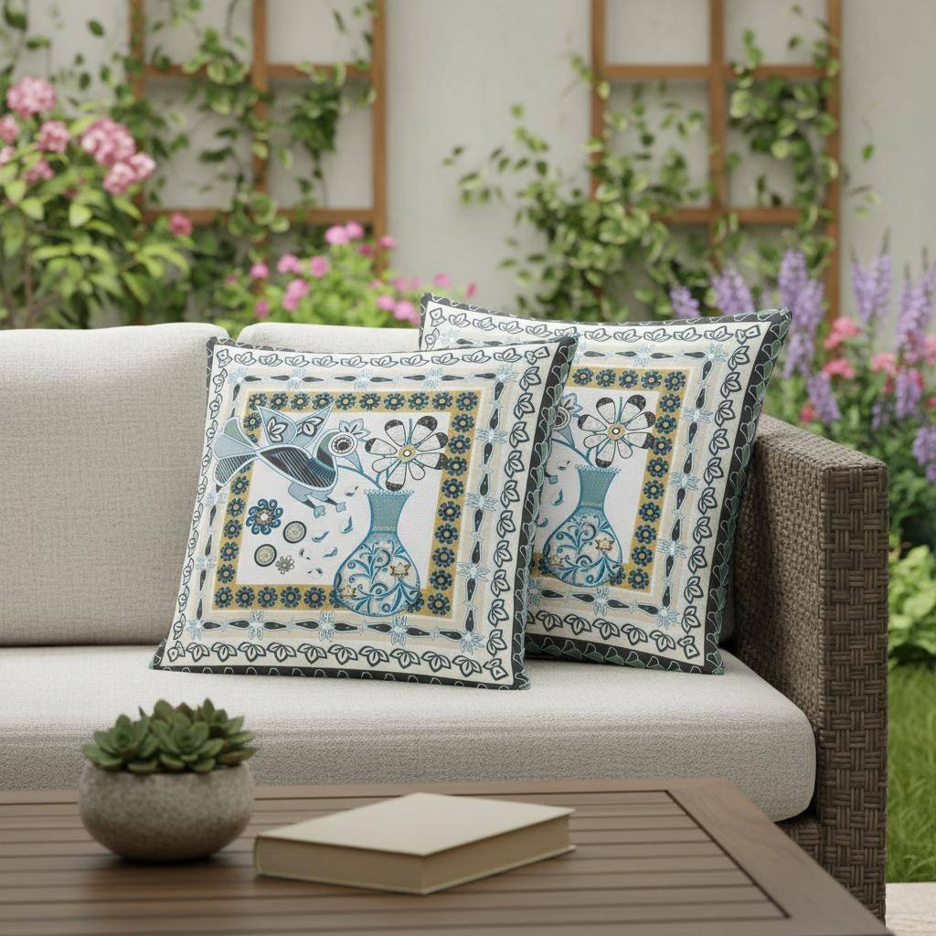 HomeRoots Set of Two 16" X 16" Black and White Peacock Blown Seam Floral Indoor Outdoor Throw Pillow - 16.00' X '16.00' X '5.00