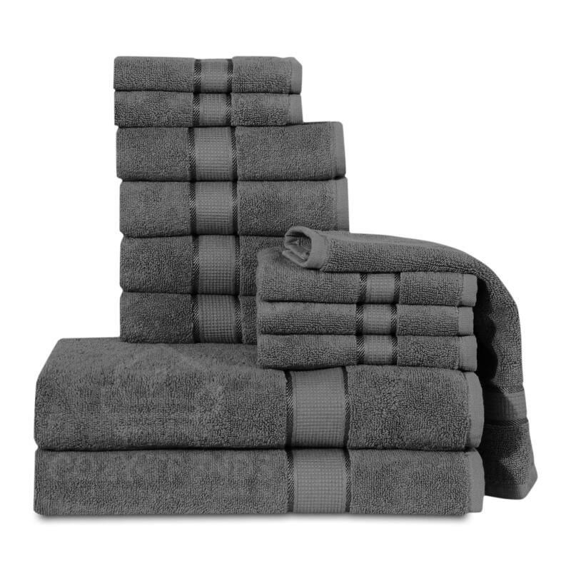 12 Piece Towel Set 600 GSM Long-Staple Combed Cotton Absorbent Bath Towels - Grey