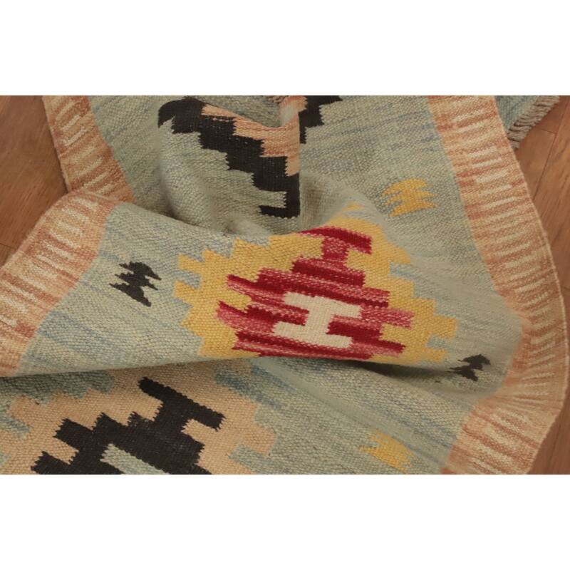 Hand Woven Oriental 100% Wool Carpet Southwestern Tribal Navy Blue & Blues Kilim Runner Rug - 8' 1'' X 2' 0''