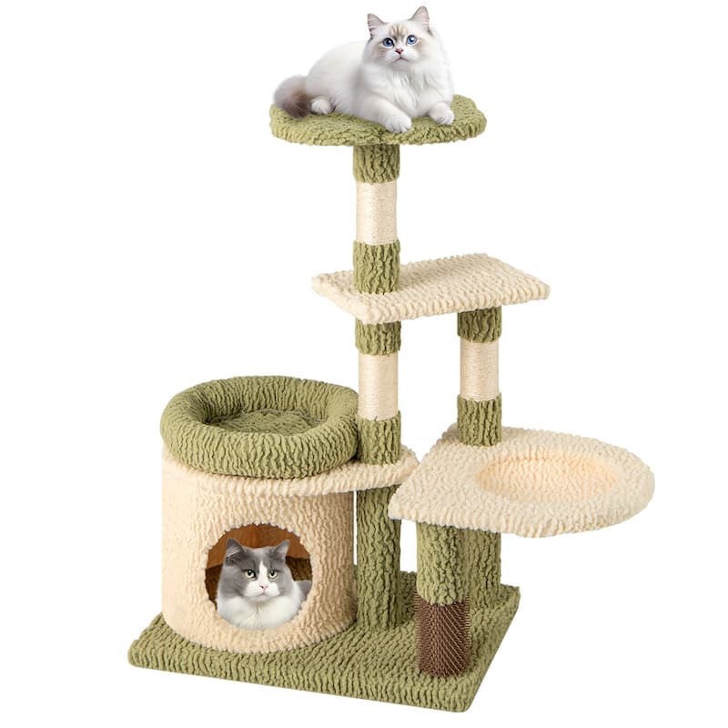 Green-White Plush Cat Tree Tower with Condo, Hammock and Grooming Brush - 24" L x 16" W x 38" H - Green-White