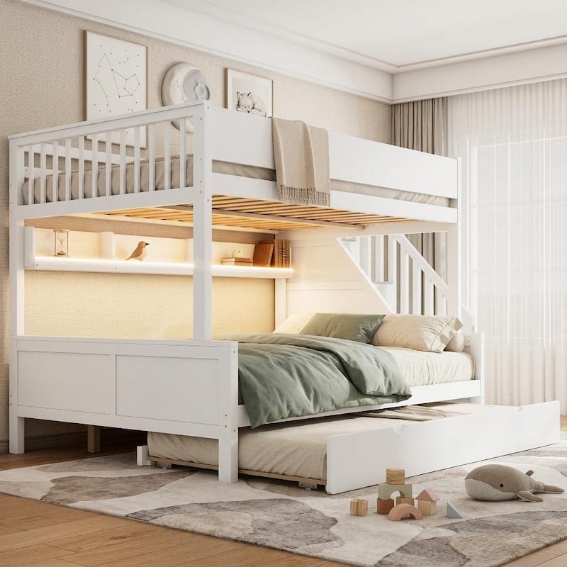 Full XL Over Queen Bunk Bed with Staircase Storage, Underbed Trundle, Open Shelf & LED Light by Harper&Bright Designs