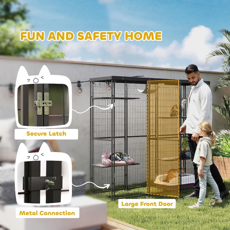 PawHut Weld Wire Catio Outdoor Indoor, Cat Enclosure with Waterproof Cover, 4 Jumping Platforms, Hammock, Black