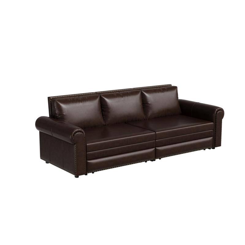 3-in-1 King Pull Out Sofa Bed Chesterfield Sofa, Velvet/Faux Leather Convertible Sleeper Sofa with Nailhead Trim & Rolled Arm