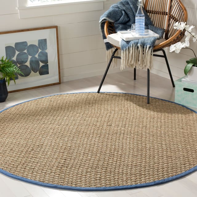 SAFAVIEH Natural Fiber Marina Basketweave Seagrass Rug - 4' x 4' Round - Natural/Navy