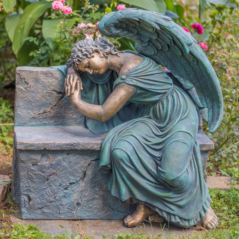 35" T Magnesium Napping Angel On Bench in Antiq. Bronze "Seraphina"