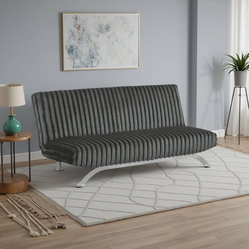 Villy Futon Sofa Bed, Chrome Metal Legs, Charcoal Channel Tuft Fabric