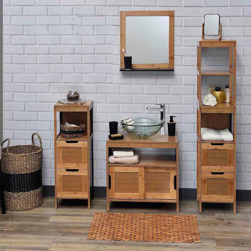 Bamboo Under-Sink Cabinet with Open Shelf and Sliding Doors Mahe Collection - 27.10"H x 23.12"W x 12"D