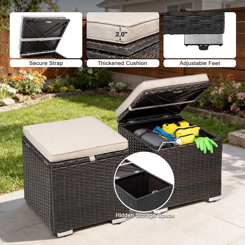Patio 2-Piece Wicker Ottoman with Hidden Storage and Detachable Cushion