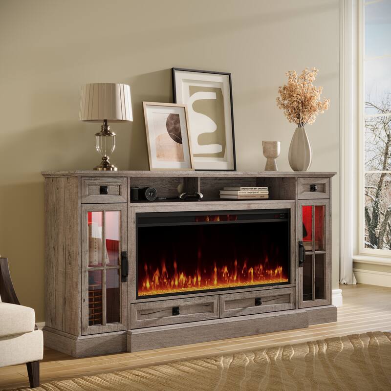 Fireplace TV Stand for 80" TV, Farmhouse Entertainment Center with LED - Grey