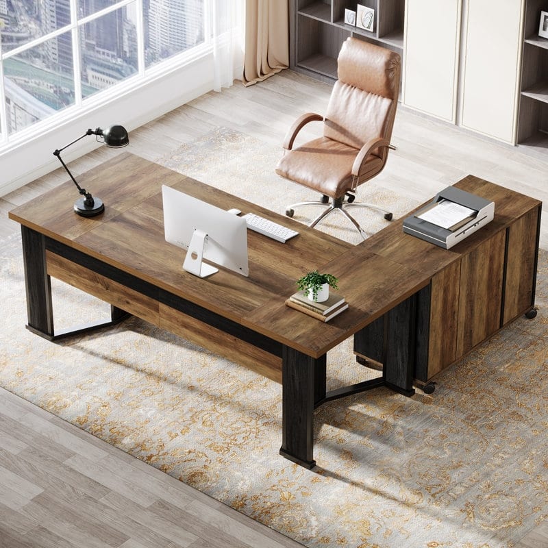 Executive Desk with File Cabinet, Large L Shaped Computer Office Desk with 2 Drawers