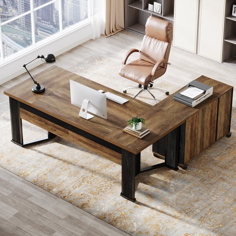 Executive Desk with File Cabinet, Large L Shaped Computer Office