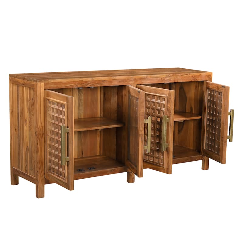 HomeRoots 71" Brown Solid Wood Carved Geometric Sideboard with Four Doors - 71.00 in. x 36.00 in. x 17.00 in.