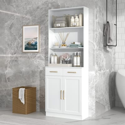 Tall Bathroom Storage Cabinet with 2 Drawers and 2 Doors, Freestanding Bathroom Floor Cabinet w/3-Tier Shelf & Adjustable Shelf