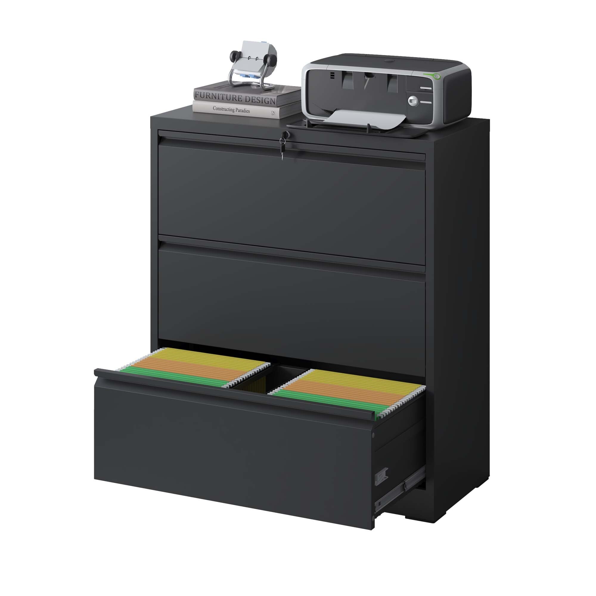 Lateral File Cabinet 3 Drawer, Black Filing Cabinet with Lock, Lockable File Cabinet, Locking Metal File Cabinet