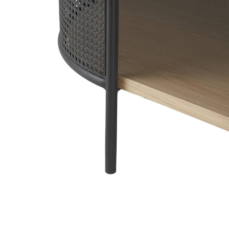 Light Brown Wooden Oval Two-Toned 1 Shelf Living Room Coffee Table with Mesh Side Panels and Brown Wood Tabletop