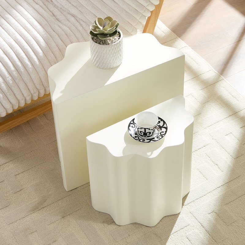 2PCS Set Modern Fiberglass Side Tables - Wavy Edges Design, No Assembly Required - Stylish End Tables for Living Room, Bedroom
