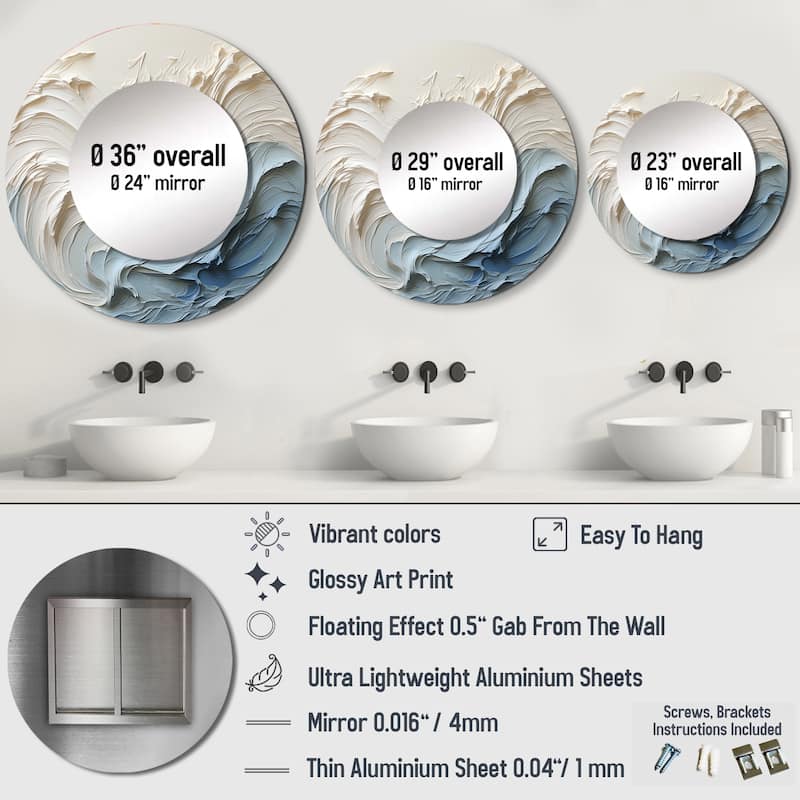 Designart "White And Blue Wave Papercut Style" coastal waves Living Room Mirror - White Nautical & Coastal Round Mirror