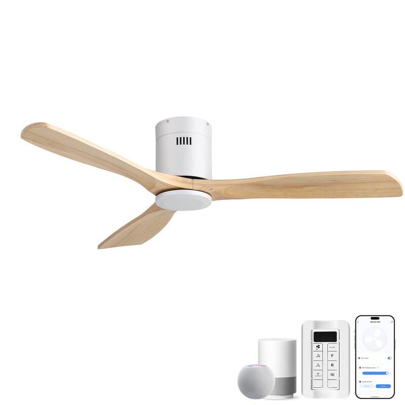 Sofucor 52 Inch Solid Wood Flush Mount Indoor Ceiling Fan without Light,Remote Control,Retractable Blades,Smart Optional - Smart(Remote+APP+Voice Control) - White and Natural wood Blades