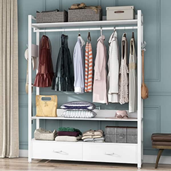 Freestanding Closet Organizer Garment Rack with 2 Drawers and Storage