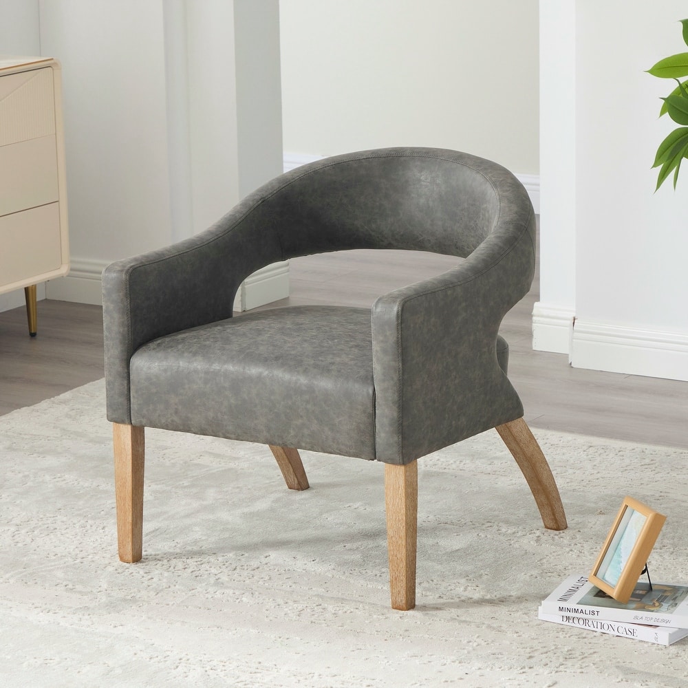 Modern Upholstered PU Open Back Accent Armchair Barrel Dining Chair with Weathered Rubberwood Legs