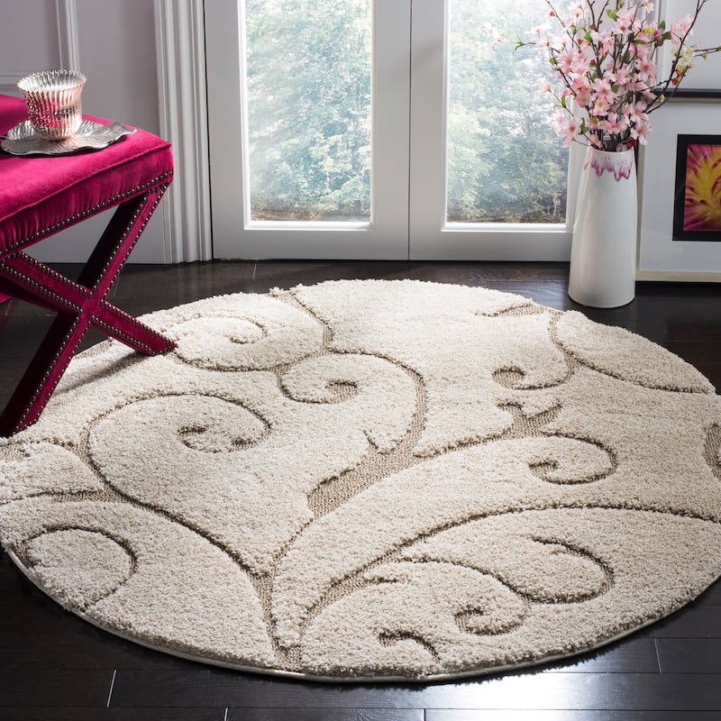 SAFAVIEH Florida Shag Shahin Scroll 1.2-inch Thick Textured Rug - 5' Round - Cream/Beige