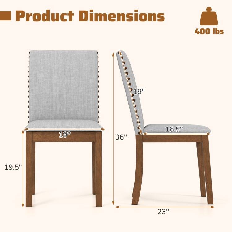 Ash Grey and Walnut Rubber Wood Dining Chairs with Nail head Trim, Linen Fabric - 23" x 19" x 36"