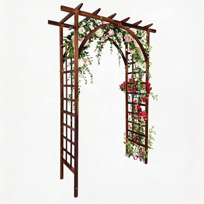 85-Inch Wood Garden Arbor with Pergola-Style Top Outdoor Trellis Arched and Flat Top Teak