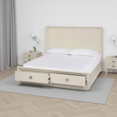 Maxi Queen Size Platform Bed 2 Storage Drawers High Headboard Beige Wood